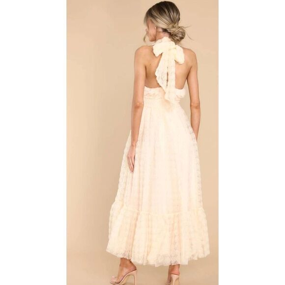 Mable Ivory over Peach Rose Tulle Maxi Dress, Halter Neck, Inset Waist with shou - Picture 4 of 11